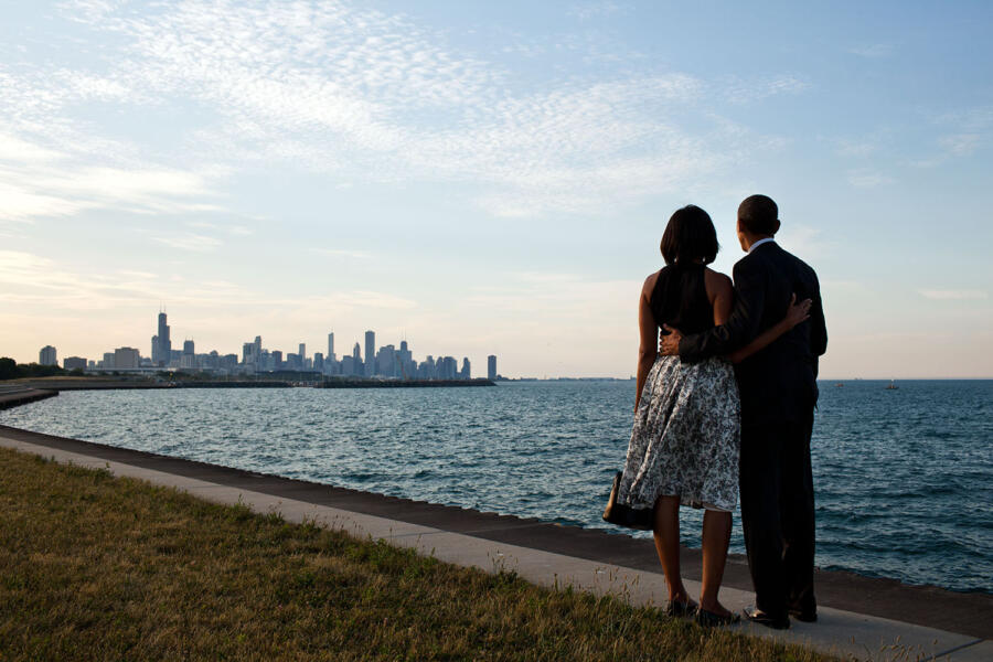 Barack and Michelle Obama look at the Chicago skyline